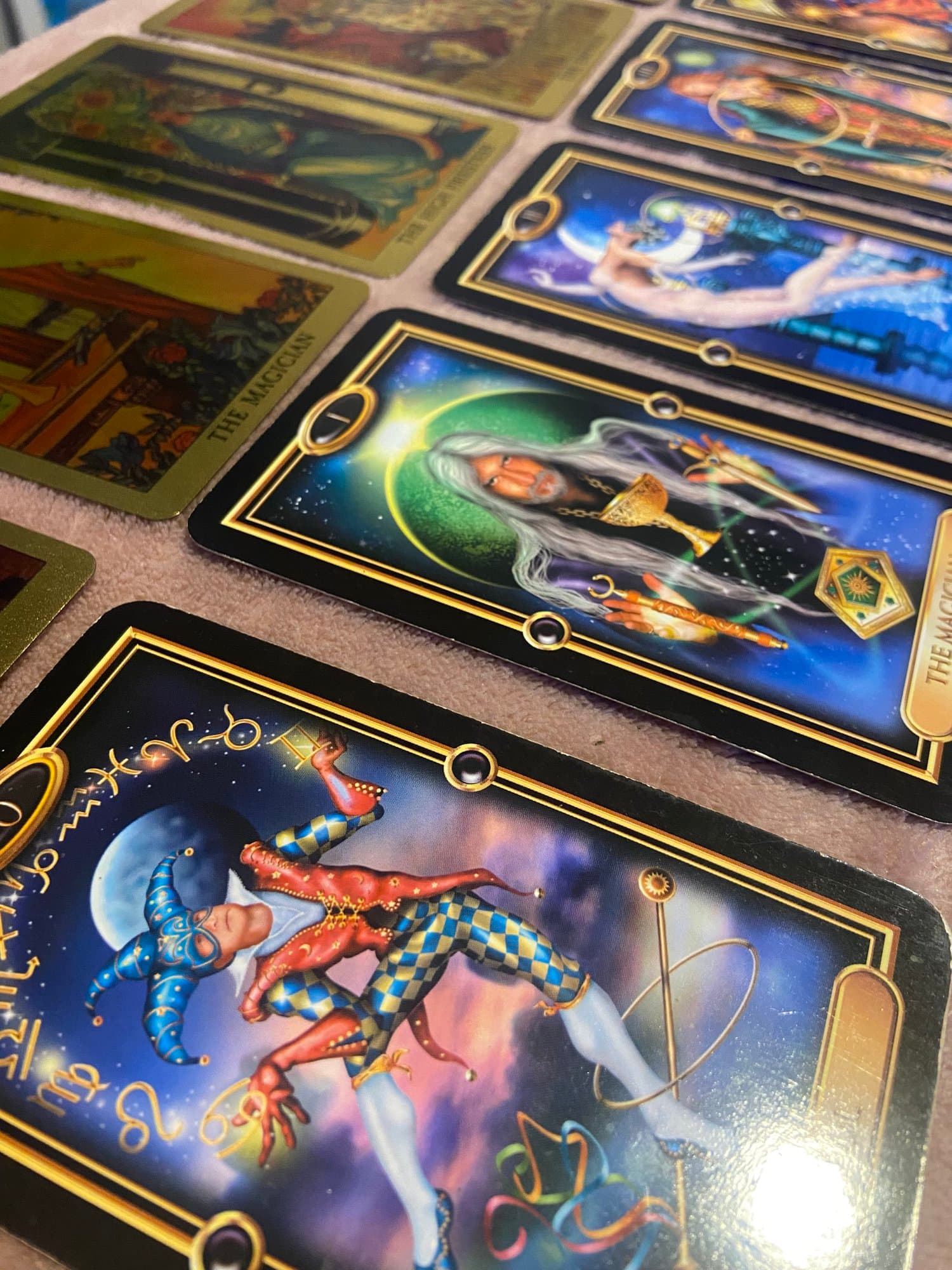 Close-up of Nic's tarot cards used during training